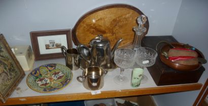Miscellaneous items, inc. heraldic marquetry tray, painted milk glass vase, silver plate, etc.