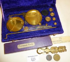 Antique brass Taylor's Sovereign and Half Sovereign scales with weights and instructions, in