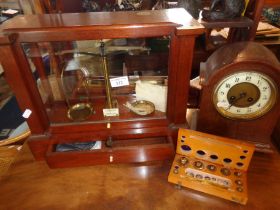 Chemist's scales in mahogany case by Becker & Sons of Rotterdam with weights, together with an oak
