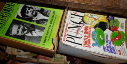 Two boxes containing 1990s Punch magazines, and some Searchlight Anti-Fascist journals from the