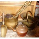 Two brass coal scuttles, fire irons, grain scoop and a copper kettle
