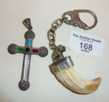 Vintage silver mounted boar's tooth key ring (French? hallmarks for 925), and a Scottish style