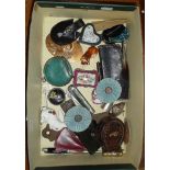 Box of interesting items, inc. moss agate and silver pill box, copper Art Nouveau plaque with