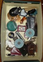 Box of interesting items, inc. moss agate and silver pill box, copper Art Nouveau plaque with