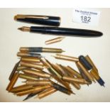 Parker fountain pen with 14ct gold nib, and assorted dip pen nibs by Mudie's, Esterbrook, etc.