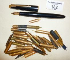 Parker fountain pen with 14ct gold nib, and assorted dip pen nibs by Mudie's, Esterbrook, etc.