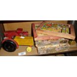 Vintage Chad Valley Toys wooden tractor with bakelite wheels, wooden truck with Dunlop 90 tinplate
