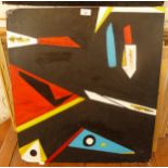 Abstract painting on hardboard having black background with stylised flags and geometric shapes, 27"