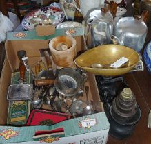 Kitchen scales with weights, another kitchen scales, two Picquot teapots and assorted cutlery, etc.