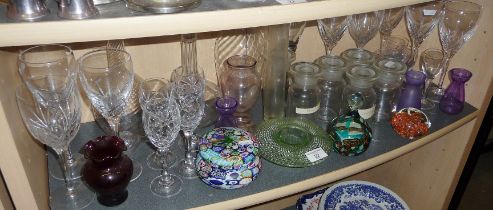 Collection of glasses, inc. paperweights and glass storage jars, etc.