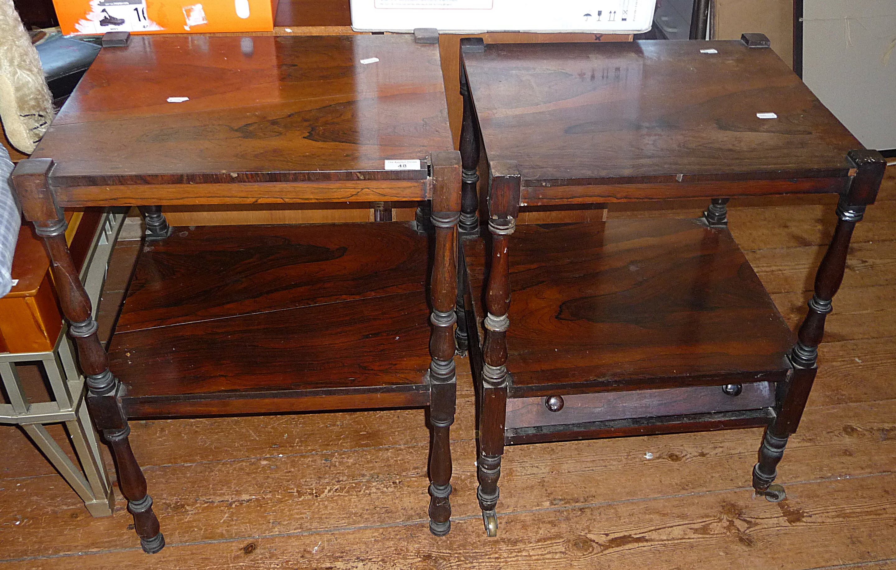 Two 19th c. rosewood two-tier tables, one with drawer, formerly a four-tier Regency whatnot