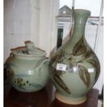 Studio pottery - a large glazed stoneware bottle vase, 14" high, and a stoneware lidded crock by