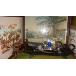 Pair of car spotlights, metalwork basket tray, three horse prints and a wooden model motorbike,