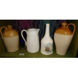 Two stoneware flagons, Copeland china bottle and two others