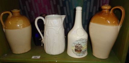 Two stoneware flagons, Copeland china bottle and two others