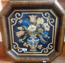 Woolwork picture of a vase of flowers in a shaped cushion walnut frame