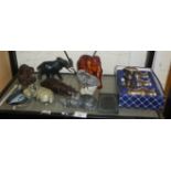 Tribal Art: Two carved stone hippopotamus figure (one by David Chimuka) and other figurines, etc.