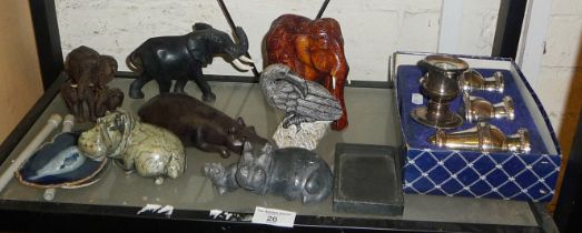 Tribal Art: Two carved stone hippopotamus figure (one by David Chimuka) and other figurines, etc.
