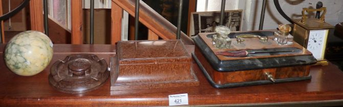 Victorian desk stand with pen tray, inkwells and drawer under, Art Deco marble ball paperweight,