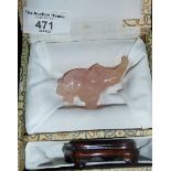 Boxed pink jade elephant on stand