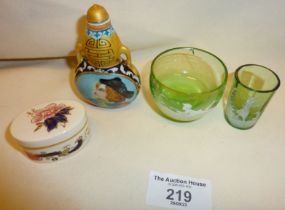Oriental painted scent bottle, Mary Gregory painted miniature glass bowl and drinking glass (bowl