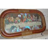 Unusual Kitsch illuminated coloured picture with butterfly wings of the Last Supper, in faux wood