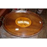 Victorian inlaid mahogany marquetry painted oval Butler's tray with brass handles having musical