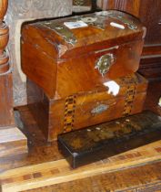 Victorian brass bound walnut tea caddy, a Chinoiserie black lacquer and papier mache pen box and