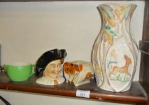 1930s Beswick ware vase, no.678, a Clarice Cliff sugar bowl, a Sylvac ware cavalier Toby jug and a