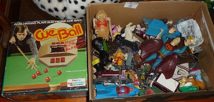 Assorted vintage plastic toys, inc. toy soldiers and a rubber Superman, etc. Also inc. a boxed