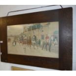 Large colour coaching print by Cecil Aldin in an Arts & Crafts oak frame with carved title "The Bell