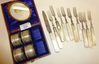 Antique silver bladed fruit knife with mother of pearl handle, other similar forks (not silver), a