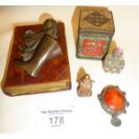 Equestrian paperweight, Crumpsall Crackers tin, carnelian, scent bottle and copper bishop figure