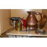 Victorian copper gallon measure, brass blow lamp and assorted copper and brass