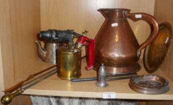 Victorian copper gallon measure, brass blow lamp and assorted copper and brass