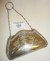 Edwardian engraved silver purse with finger ring handle, with Art Nouveau style engraved ribbons and