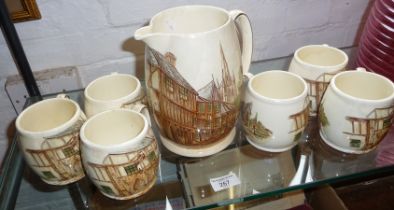 Kirkham Pottery ale jug with 6 tankards made for the George Inn, a 15th c. Wool Inn at Norton St.