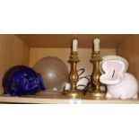 Pair of giltwood table lamps, a pottery hippo money box and similar pig and an etched glass oil