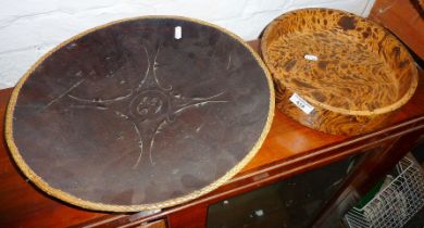 Tribal Art: Polynesian carved platter and a marbled wood bowl (cracks to both)