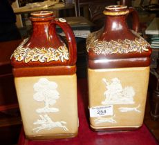 Two 19th c. Doulton stoneware square hunting spirit flasks, retailers impressed marks to base