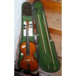 Violin (14") and two bows in case,one bow stamped "Tourte"