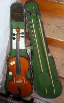 Violin (14") and two bows in case,one bow stamped "Tourte"