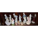 Royal Doulton and Nao Lladro lady figurines (some A/F), Pendelfin Bunnies, etc. (one shelf)