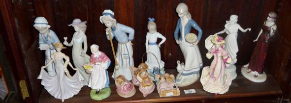 Royal Doulton and Nao Lladro lady figurines (some A/F), Pendelfin Bunnies, etc. (one shelf)