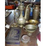 Heavy brass Turkish coffee pot, pair of Islamic brass vases with silvered and copper decoration