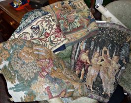 Two wall hanging tapestries and two tapestry table covers