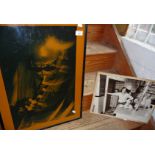 A photo lithograph of a black trumpet player 591/1000 and a 1950s black and white photograph of