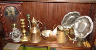 Assorted copper and brassware, inc. Turkish coffee pot, candlesticks, metal wall sconces and a