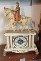 Victorian painted spelter cased mantle barometer surmounted by a knight on horseback