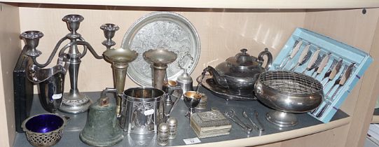 Assorted silver plated items and a small Victorian bell